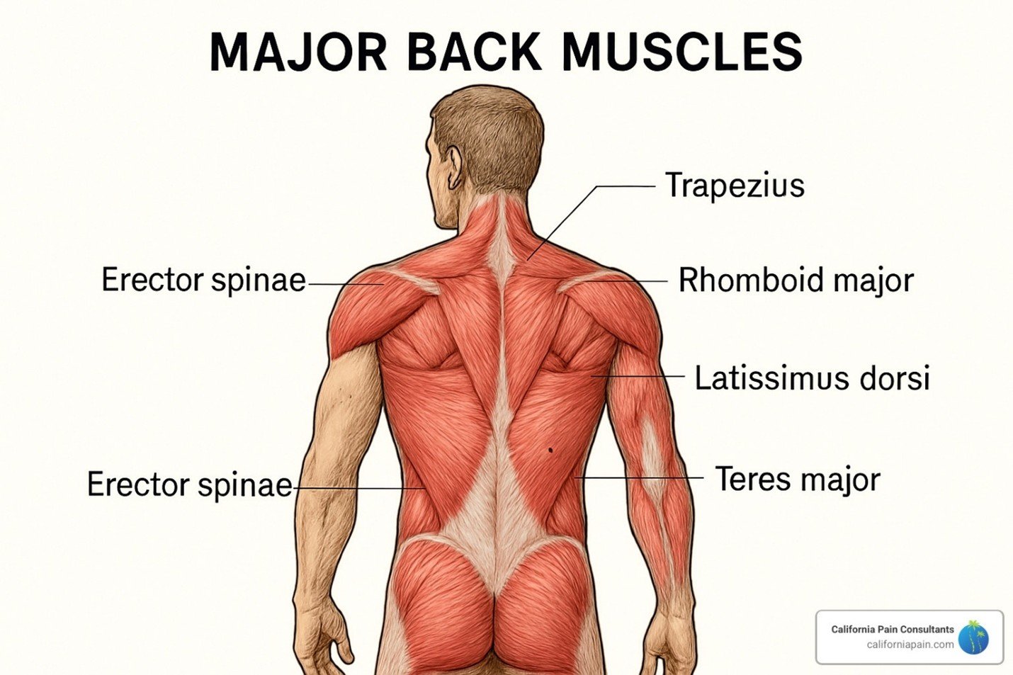 Illustrated diagram titled “Major Back Muscles” showing a posterior view of a human torso with mislabeled muscles