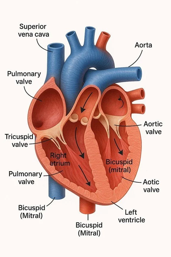 Illustration of a human heart showing mislabeled chambers and valves, arrows indicating blood flowing in the wrong direction, and a blue aorta. The bicuspid valve label appears multiple times in different positions.