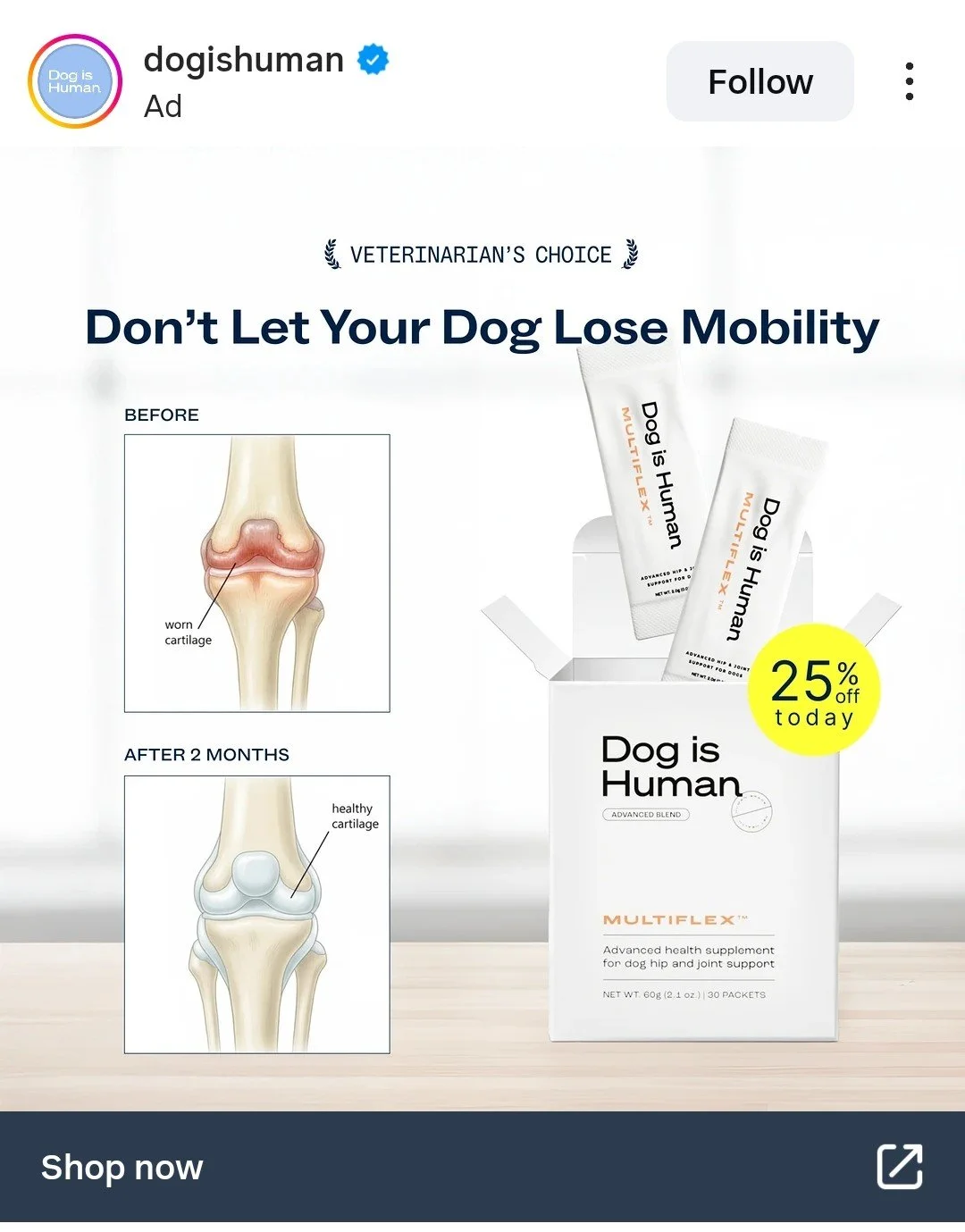Advertisement for a dog joint supplement showing before-and-after illustrations of a knee joint labeled “worn cartilage” and “healthy cartilage.” The knee diagram erroneously includes two symmetrical fibula bones on either side of the joint.