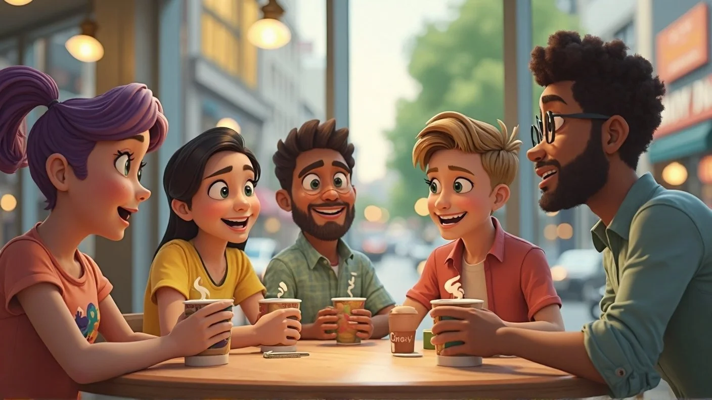Animation of five young adults, three women and two men, sitting around a table at a cafe, holding warm drinks, laughing and talking with each other on a busy city street background.