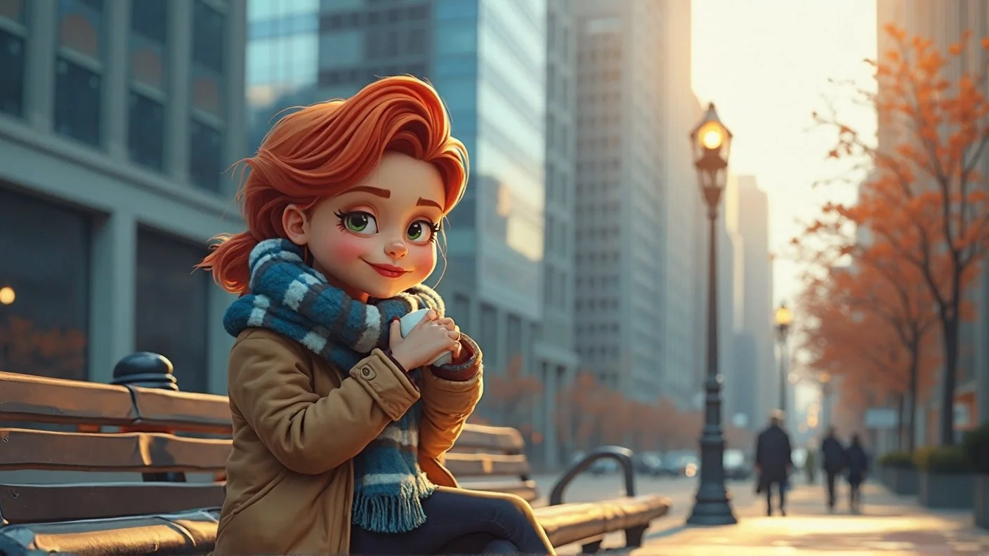 Animated girl with red hair, green eyes, wearing a brown jacket and a blue striped scarf, sitting on a park bench in an urban setting during fall, with orange trees, street lamps, and people walking in the background at sunset.