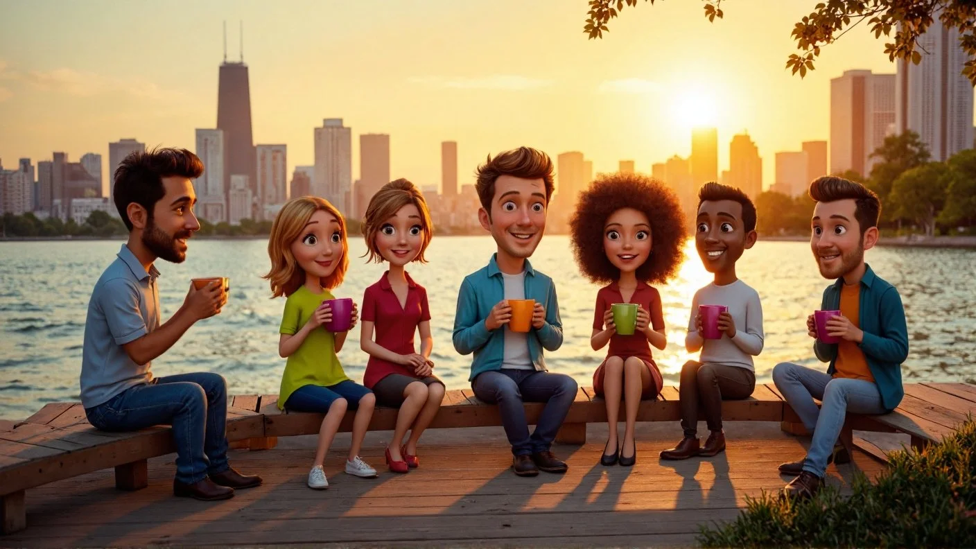 Group of seven diverse young adults sitting by a lake at sunset, holding colorful coffee mugs, with a city skyline in the background.