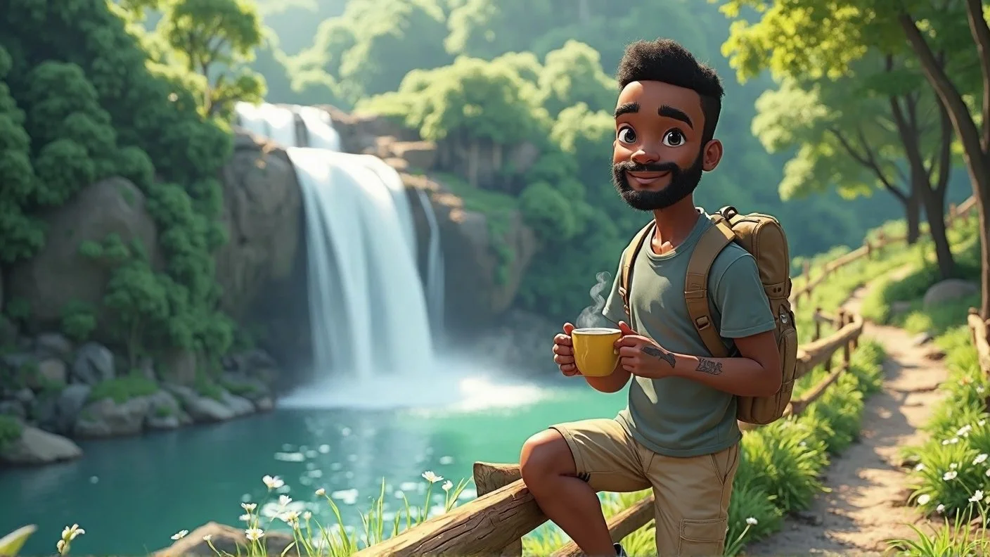 Animated character with a backpack holding a steaming cup of coffee or tea, standing on a trail by a lake with a waterfall, surrounded by lush green trees on a sunny day.