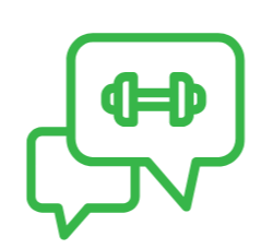 Green icons of speech bubbles with a dumbbell inside, representing fitness or workout conversation.