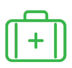 Green medical kit with a plus sign in the center.