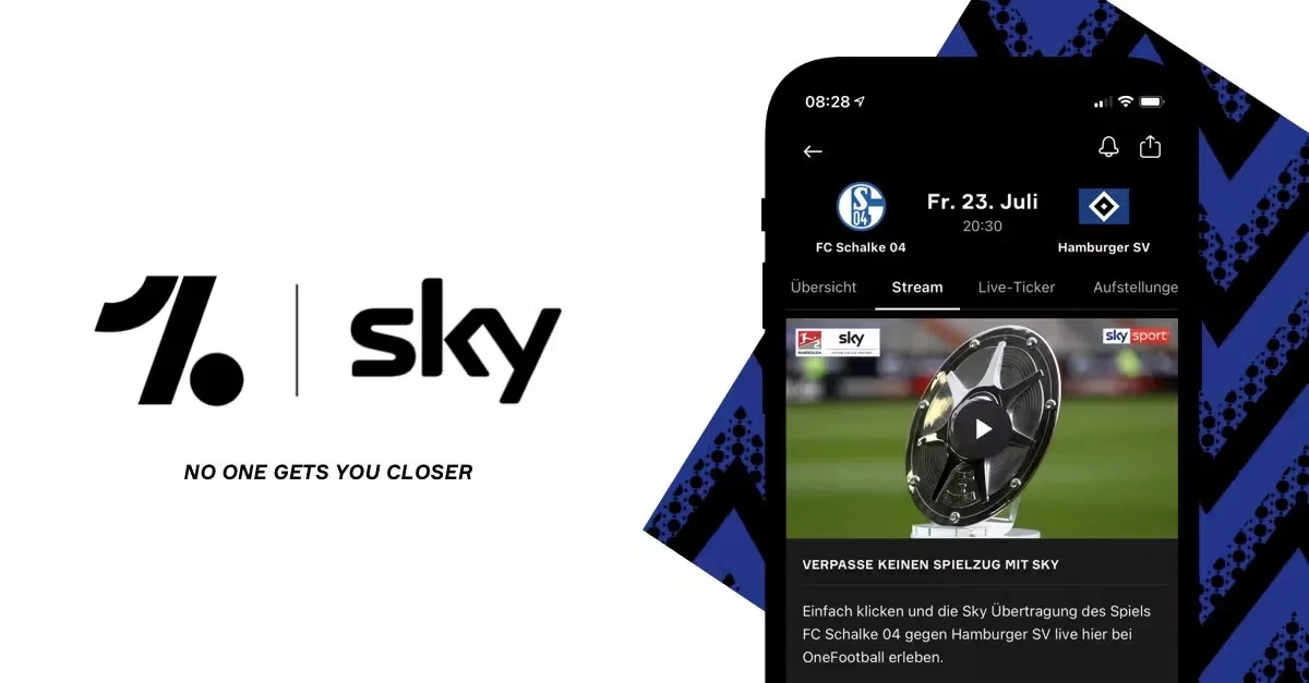 A promotional image for Sky sports featuring the logos for Sky and FC Schalke 04, with the slogan 'No one gets you closer.' Next to the logos, a smartphone screen showing a live stream of a football match between FC Schalke 04 and Hamburger SV, with a video thumbnail and streaming options.