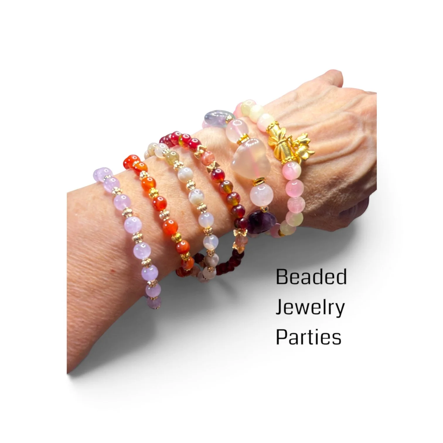 Close-up of a person's hand and wrist adorned with multiple beaded jewelry pieces, including bracelets and rings, with an overlay text that reads "Beaded Jewelry Parties."