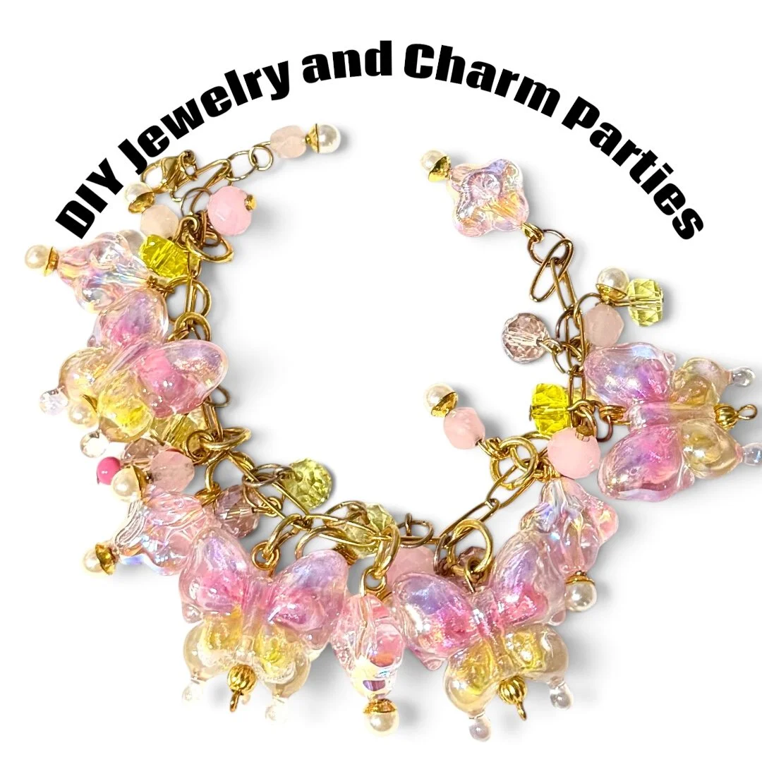 Colorful charm bracelet with pink, yellow, and iridescent beads and charms, labeled "DIY Jewelry and Charm Parties."
