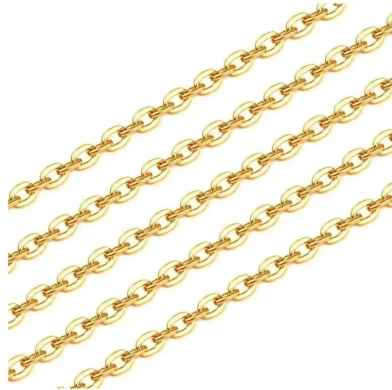 Multiple gold chains arranged diagonally on a white background.