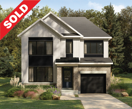 New modern two-story house with a brick and white exterior, large windows, a front porch, attached garage, and a 'SOLD' banner in the top left corner