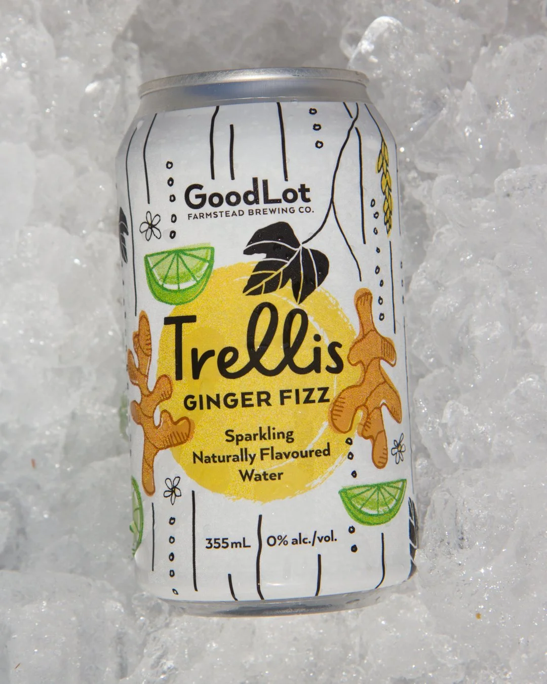 A can of Trellis Ginger Fizz sparkling water with lime, ginger, and blackberry illustrations, placed on ice.