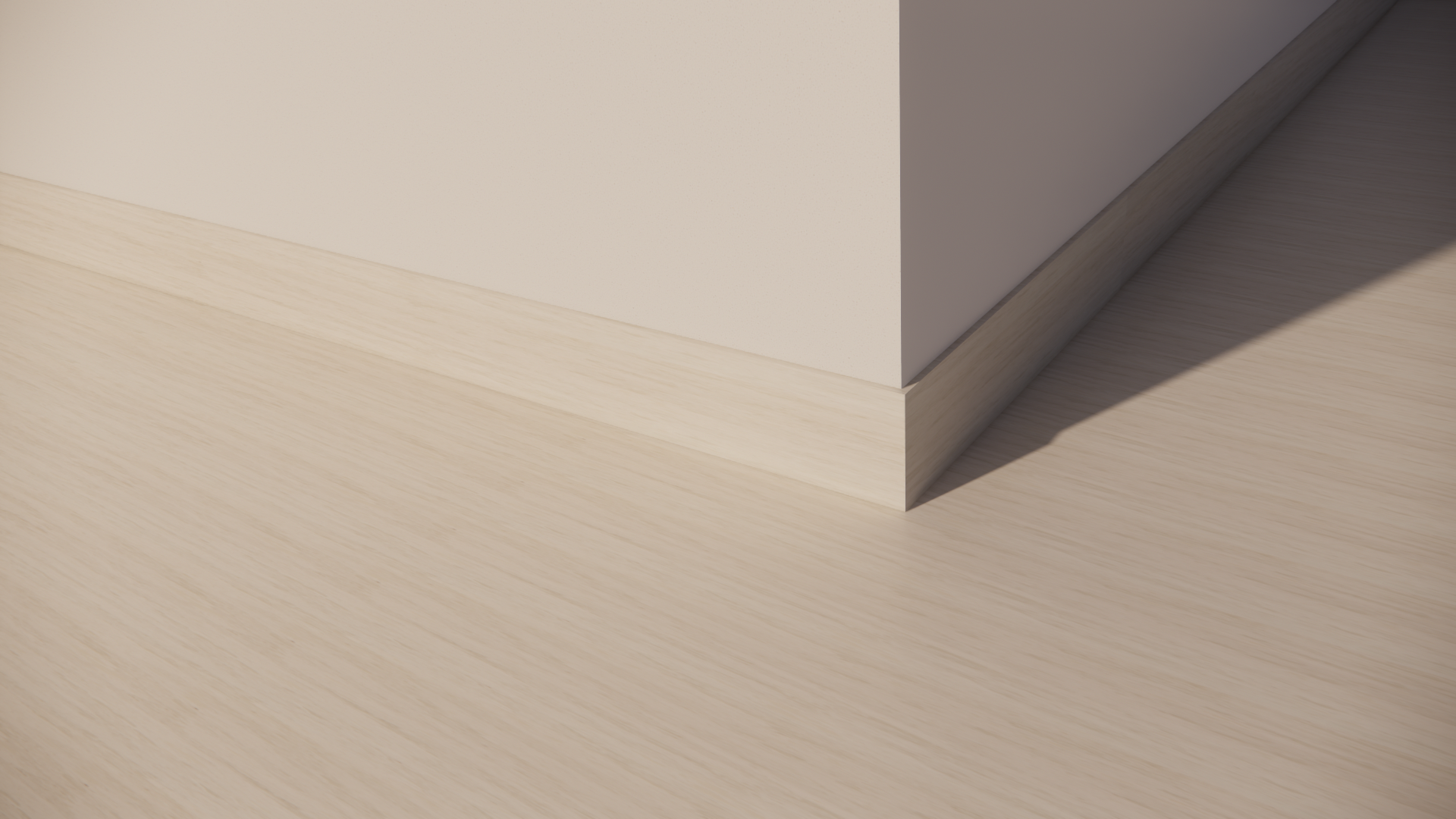 Close-up of a white wall corner with a wooden baseboard and light-colored wooden floor, casting a shadow.