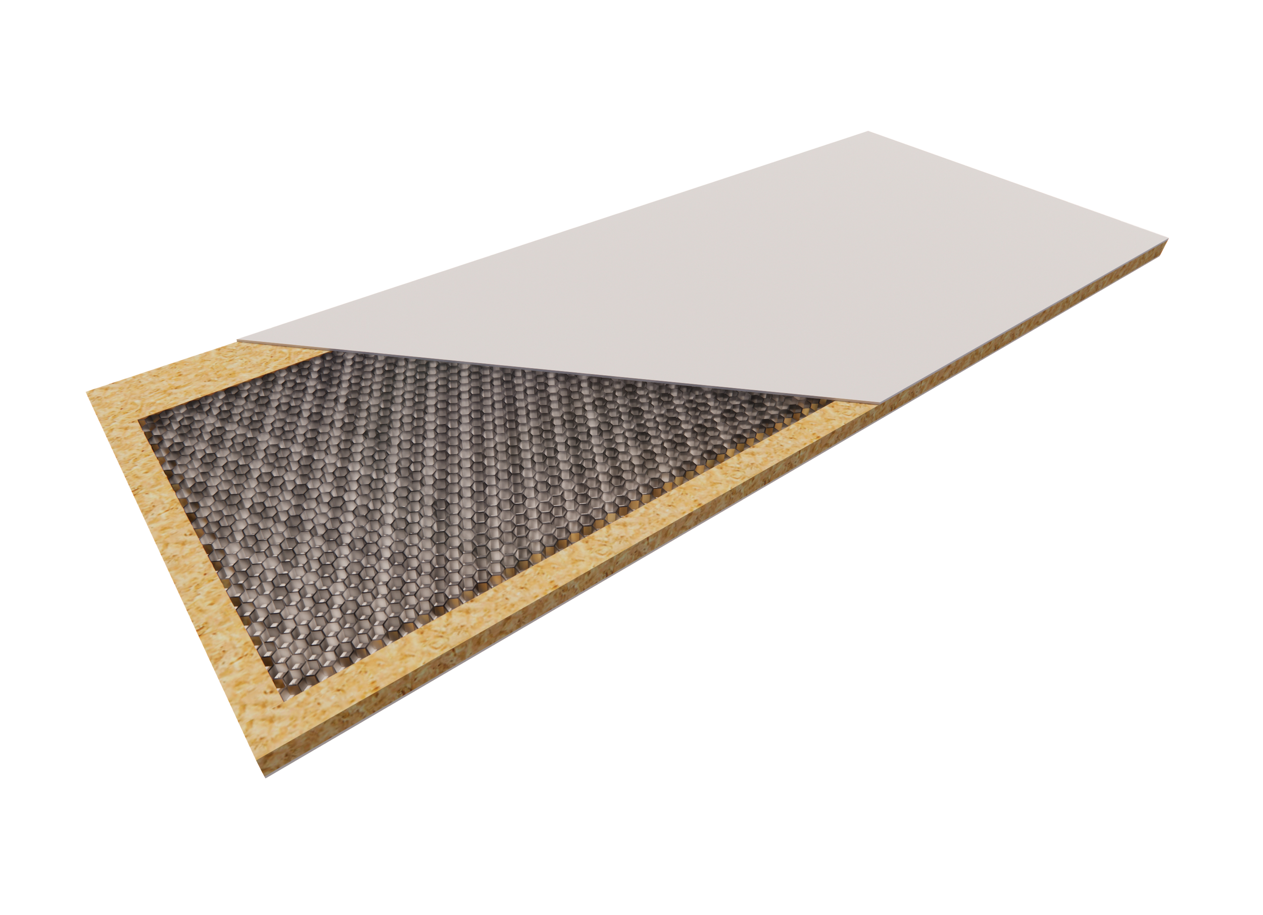 Cross-section of a floor with multiple layers, including a surface layer, an insulation layer, and a base layer.