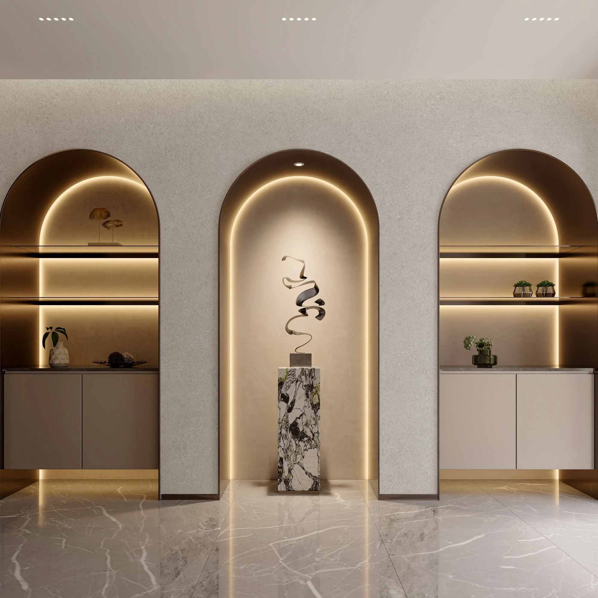 Modern interior with three arched niches, illuminated with warm lighting. The central niche features abstract modern sculpture on a patterned marble pedestal. Shelves in side niches hold decorative plants and objects, with matching cabinetry below.