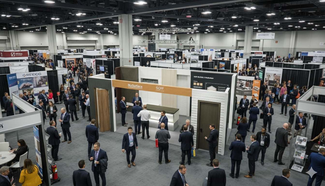A busy trade show or convention floor with people walking and conversing among various exhibitor booths in a large, well-lit exhibition hall.