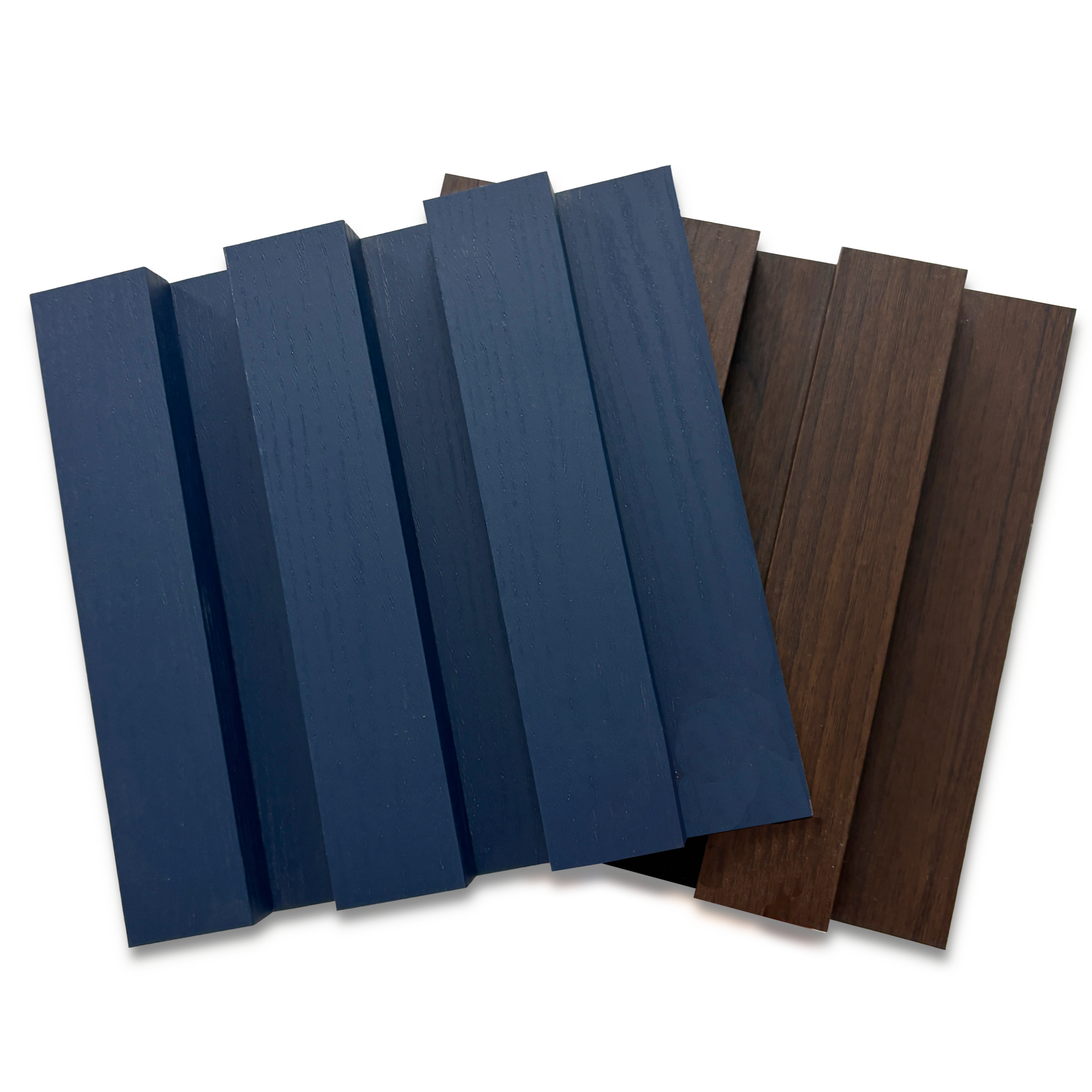 Two color samples of wooden planks, one dark blue and the other dark brown.