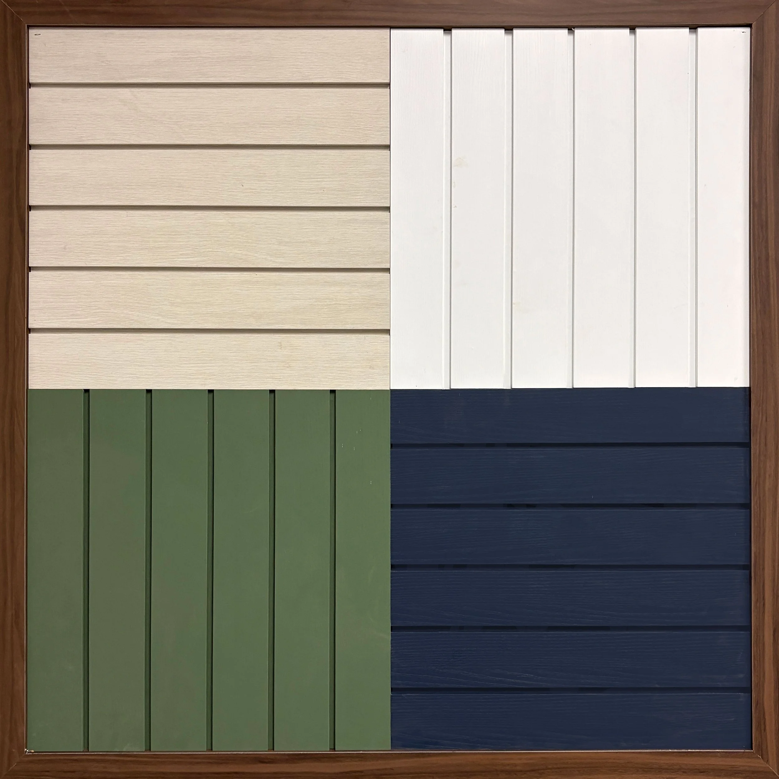 Color samples of siding panels in beige, white, green, and navy blue, arranged in a panel grid.