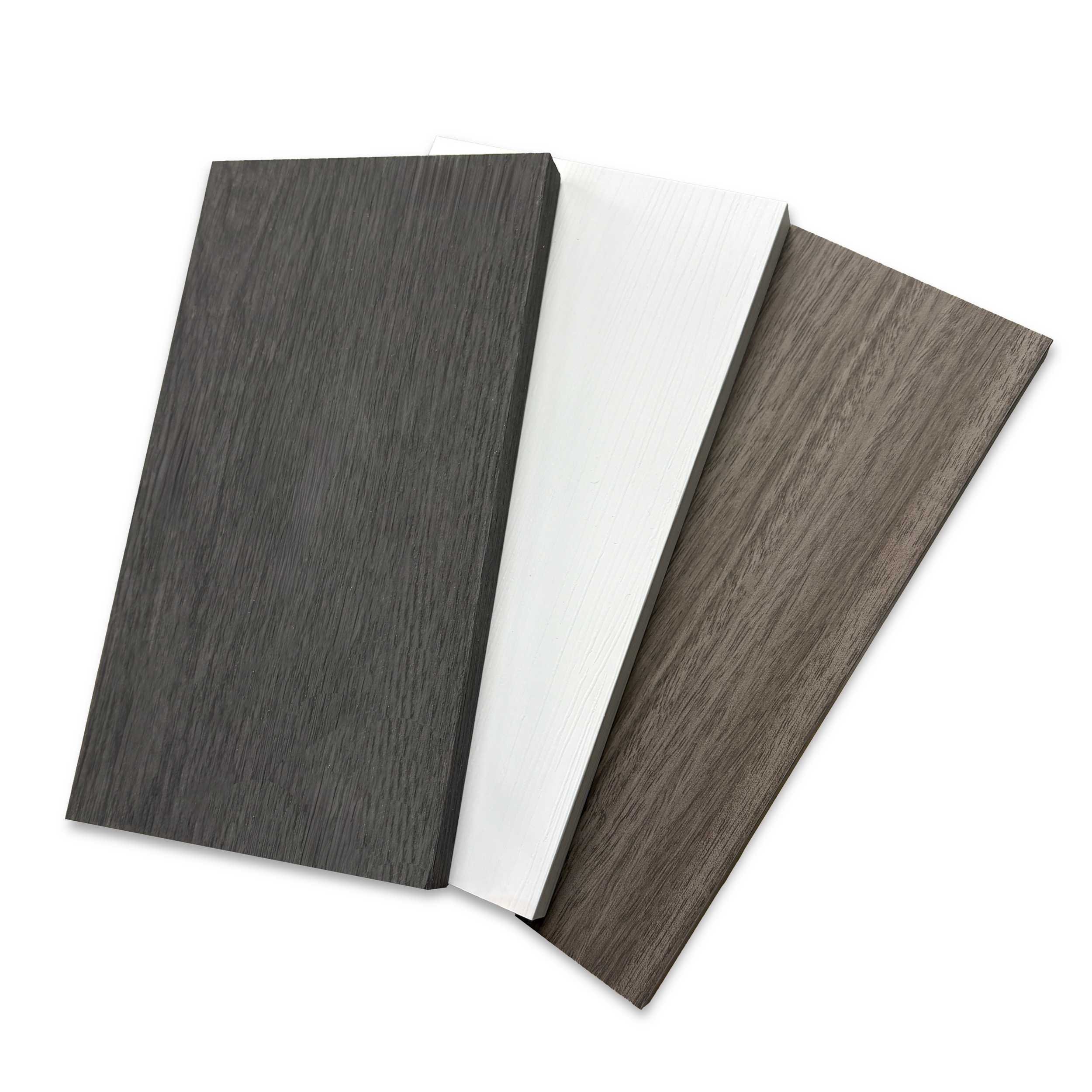 Three sample wood laminate finish swatches in dark gray, white, and light brown.