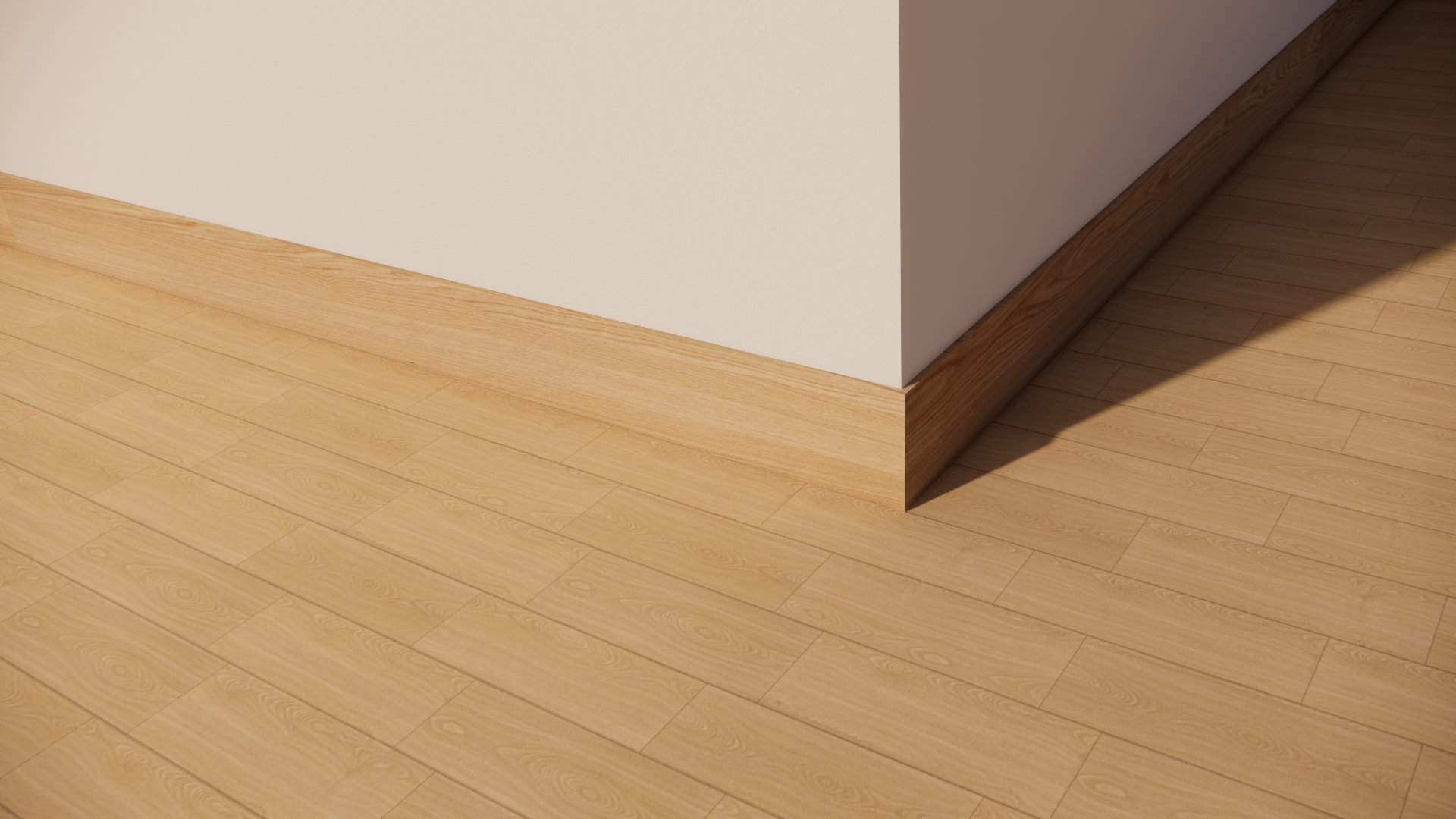 Corner of a room with light wooden floor and a white wall with a wooden baseboard, showing a shadow cast on the floor.