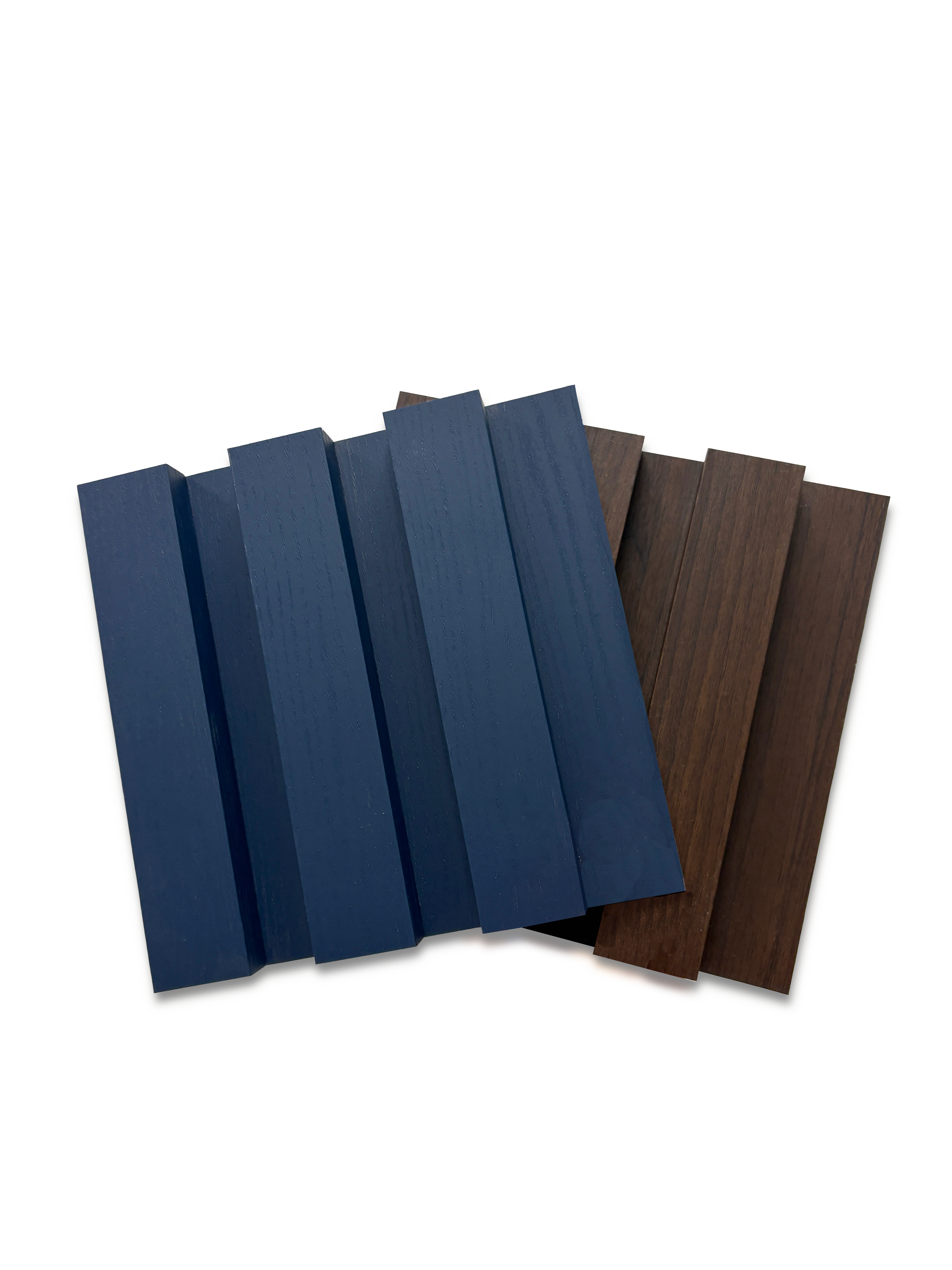 A set of wooden planks painted in blue and brown, arranged on top of a white surface.