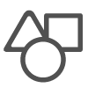 Minimalist black and white icon of overlapping shapes including a triangle, square, and circle