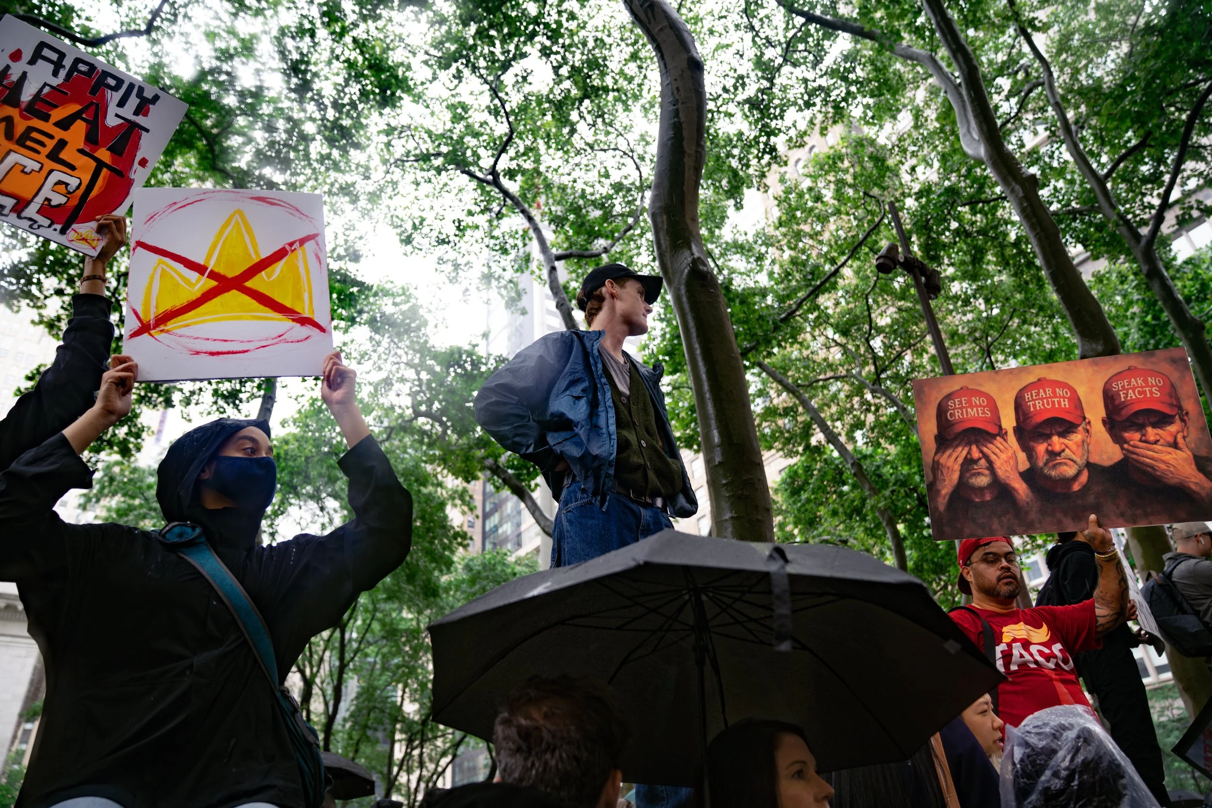 Protesters holding signs at an outdoor demonstration, with trees and tall buildings in the background. One sign depicts a crossed-out crown, and another shows three figures covering their eyes, ears, and mouth, with the phrases "See no crimes," "Hear
