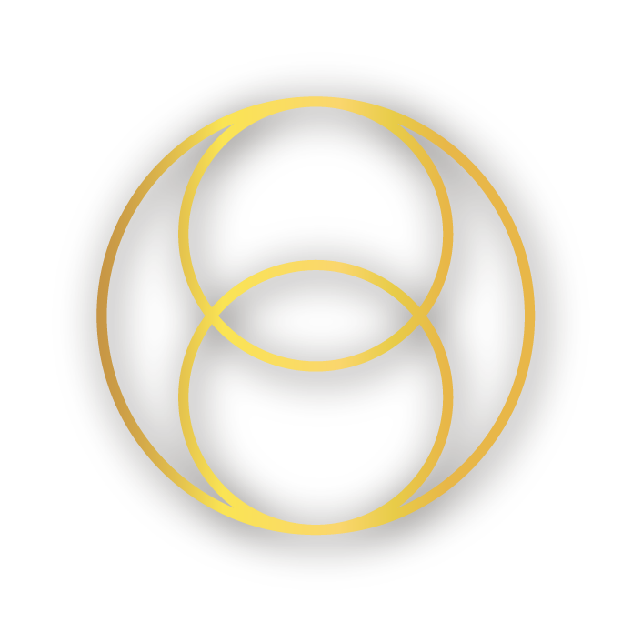 A geometric design featuring three interconnected circles forming a symmetrical pattern with gold lines on a black background.