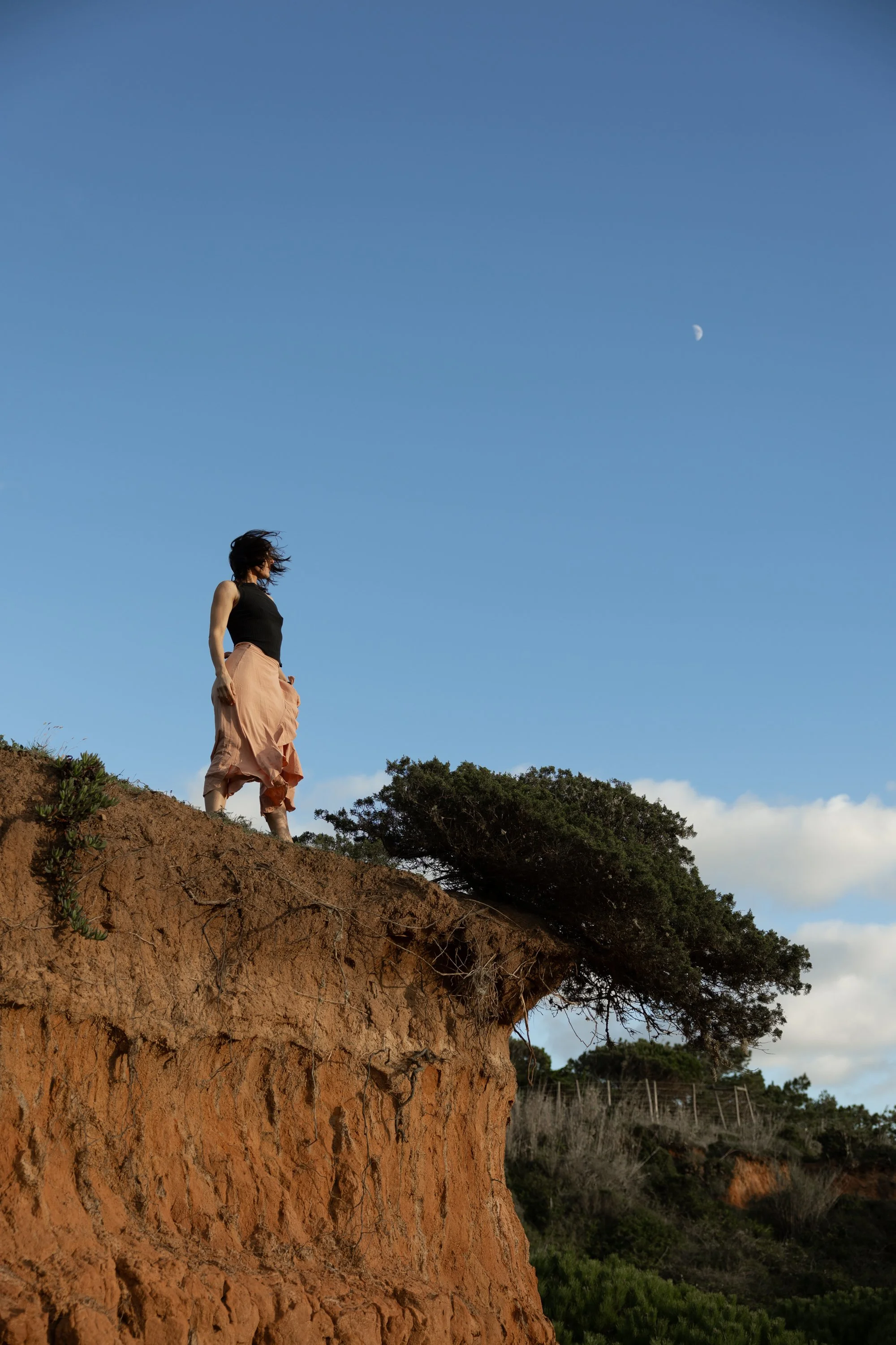 A woman standing on the edge of a cliff with her hair blowing in the wind and the moon visible in a clear blue sky.