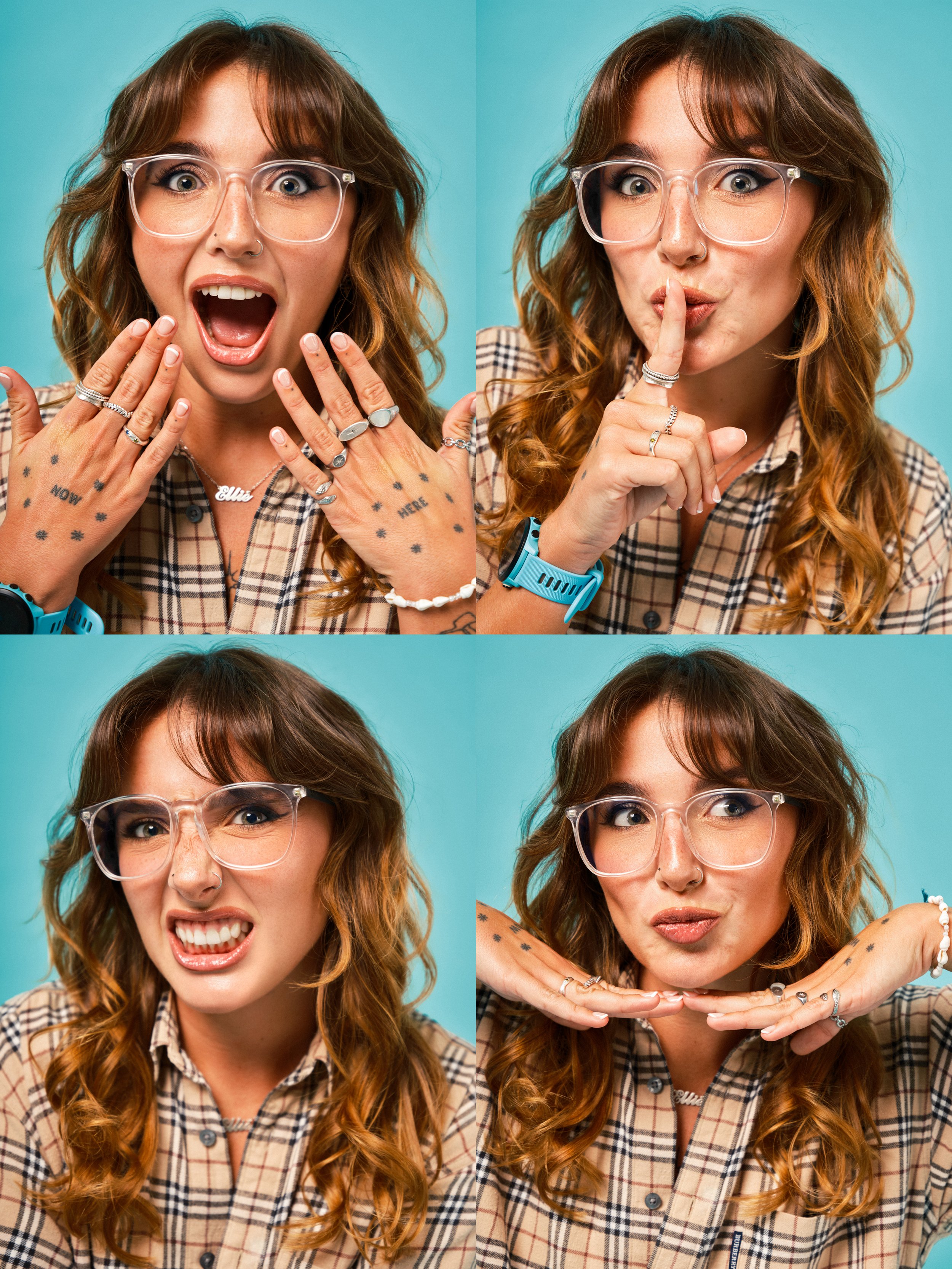A collage of four photos of a woman with curly red hair, glasses, and a plaid shirt, showing different facial expressions and gestures.