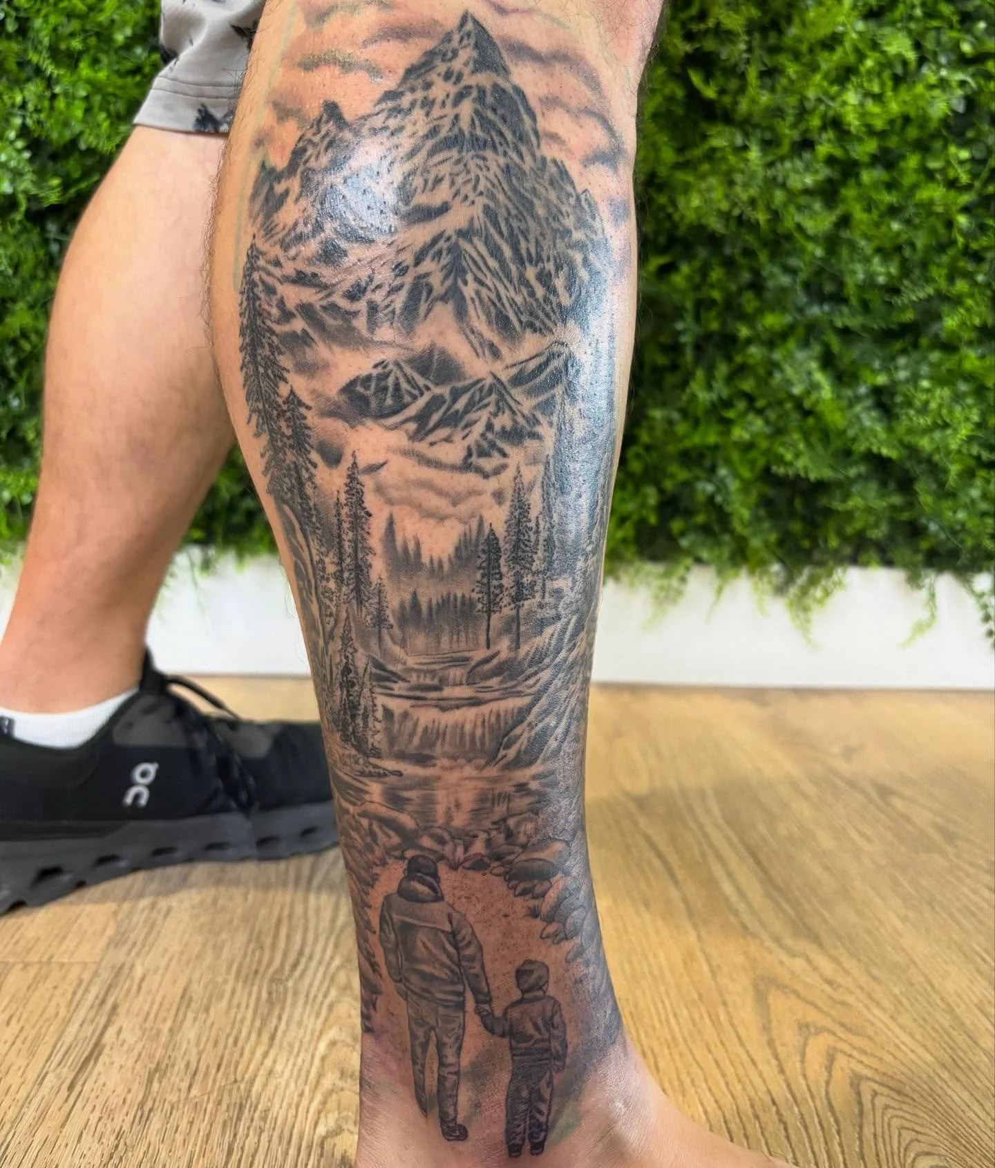 Finished up this landscape piece with my client and his son at the bottom enjoying the view. This was a fun project and I’m very happy with the end result! 
#tattoo #coloradotattooartist #blackandgreytattoo #tattoos