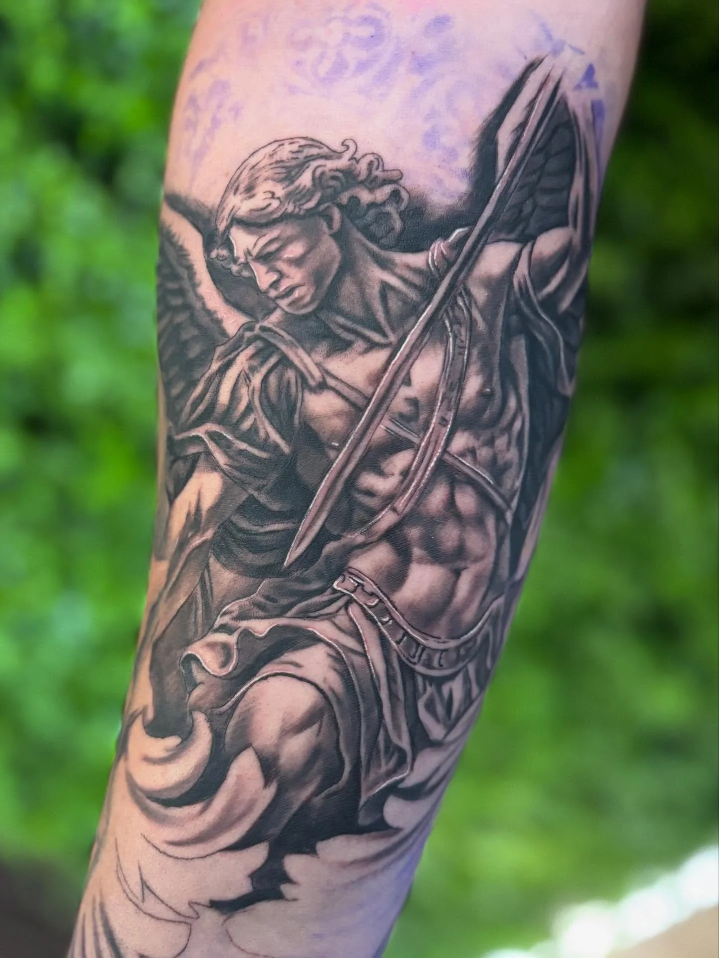 First session on this St. Michael and I’m very happy with it! Can’t wait to get it finished and tie the sleeve together some more!
 Scheduling end of August and September! Contact me or come in and get on the books! 534 Cleveland ave. 
#t