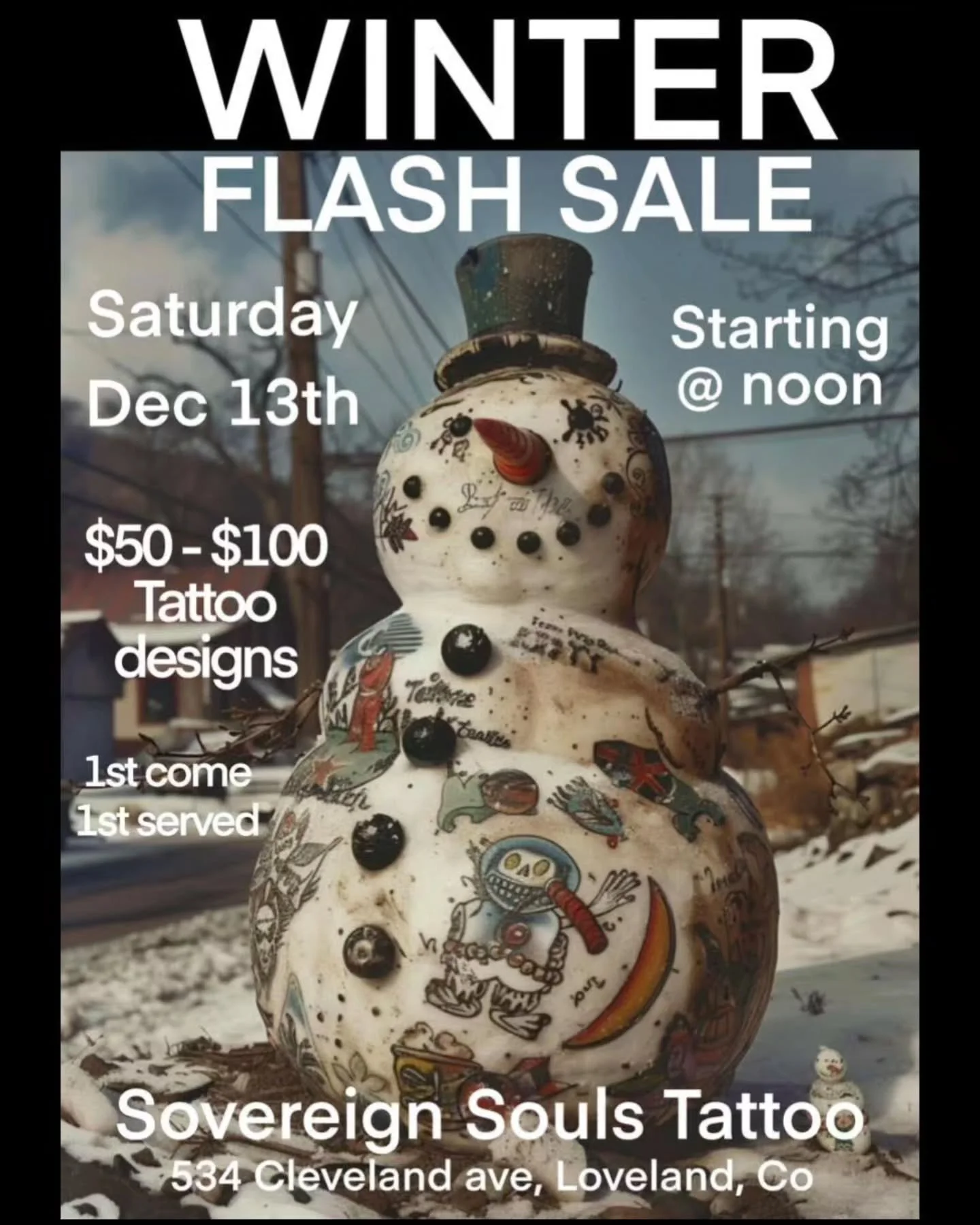 Mark your calendars! On Dec 13th we will have a winter flash sale. Designs starting at $50 and the time starts @ noon. 
 We've got new faces in the shop and a full crew now, so we figured a fun event would help everyone come meet the new artist and s