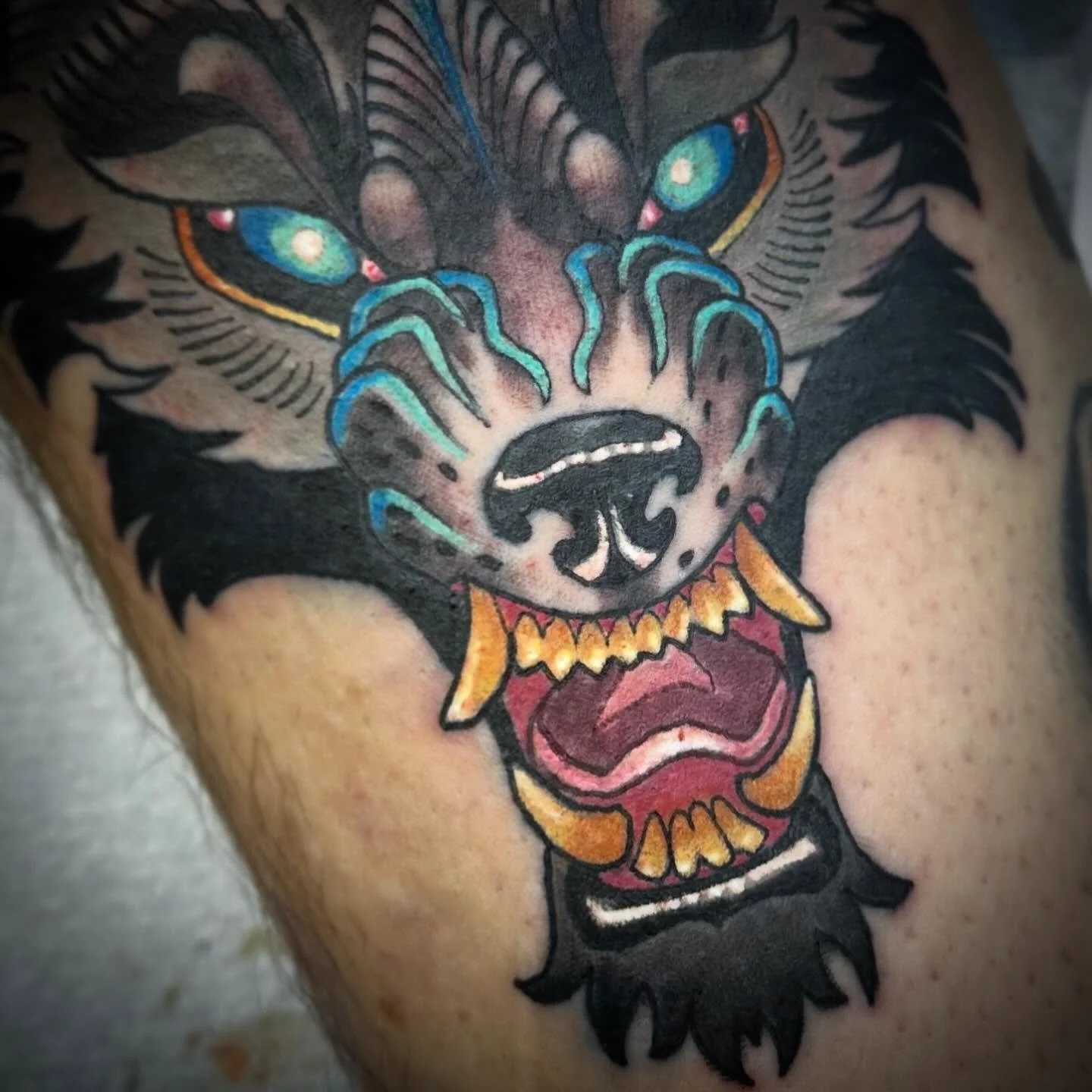 Wolf predrawn I got to tattoo yesterday! #wilf #wolftattoo #neotraditional #electric #tattoo