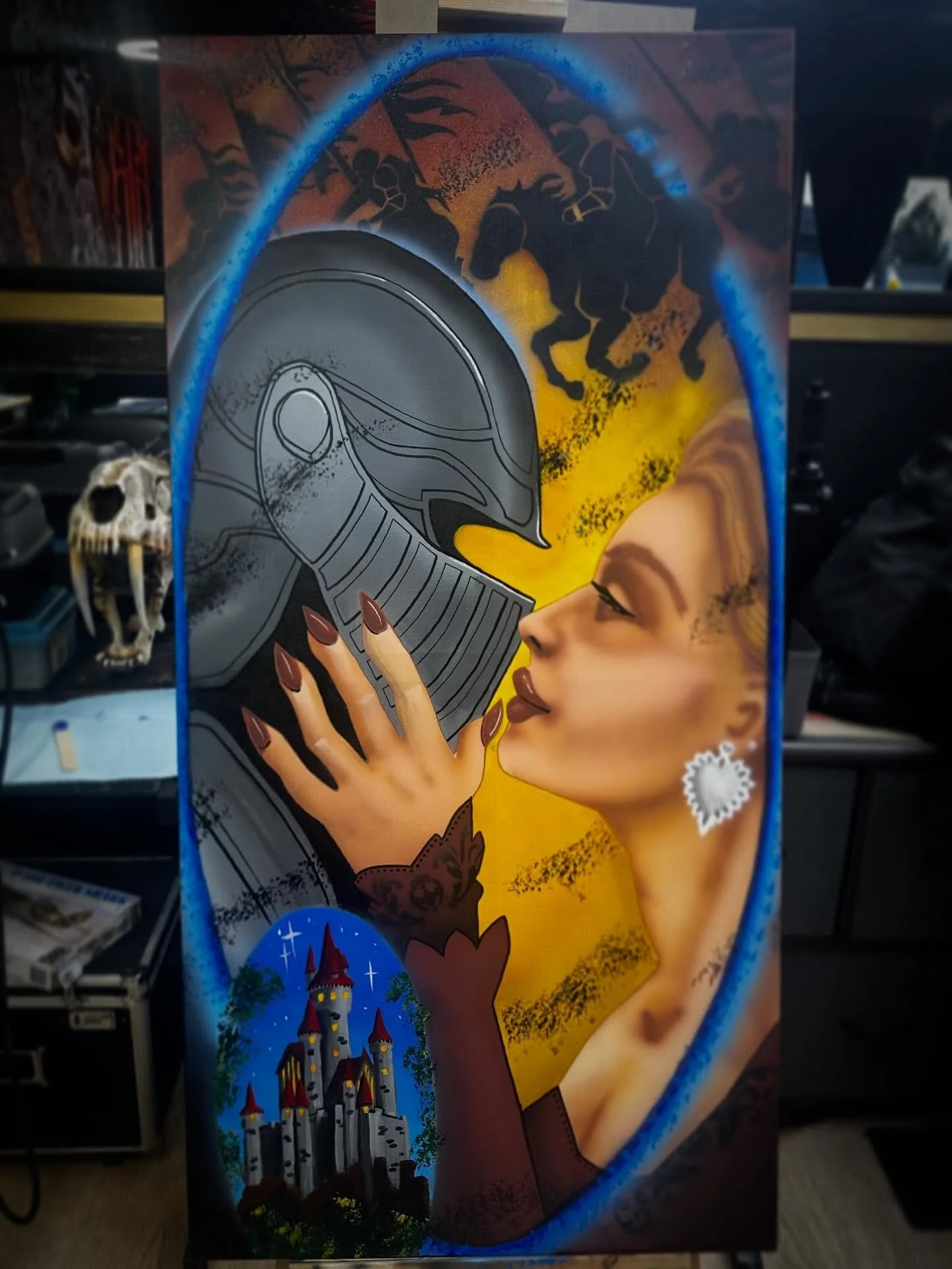 Stoked to finish this War, Love and Piece project! Was a big learning curve being the first time I have used an airbrush, then used acrylic for final details and the castle. #knight #proncess #warandpeace #airbrushart #acrylicpainting