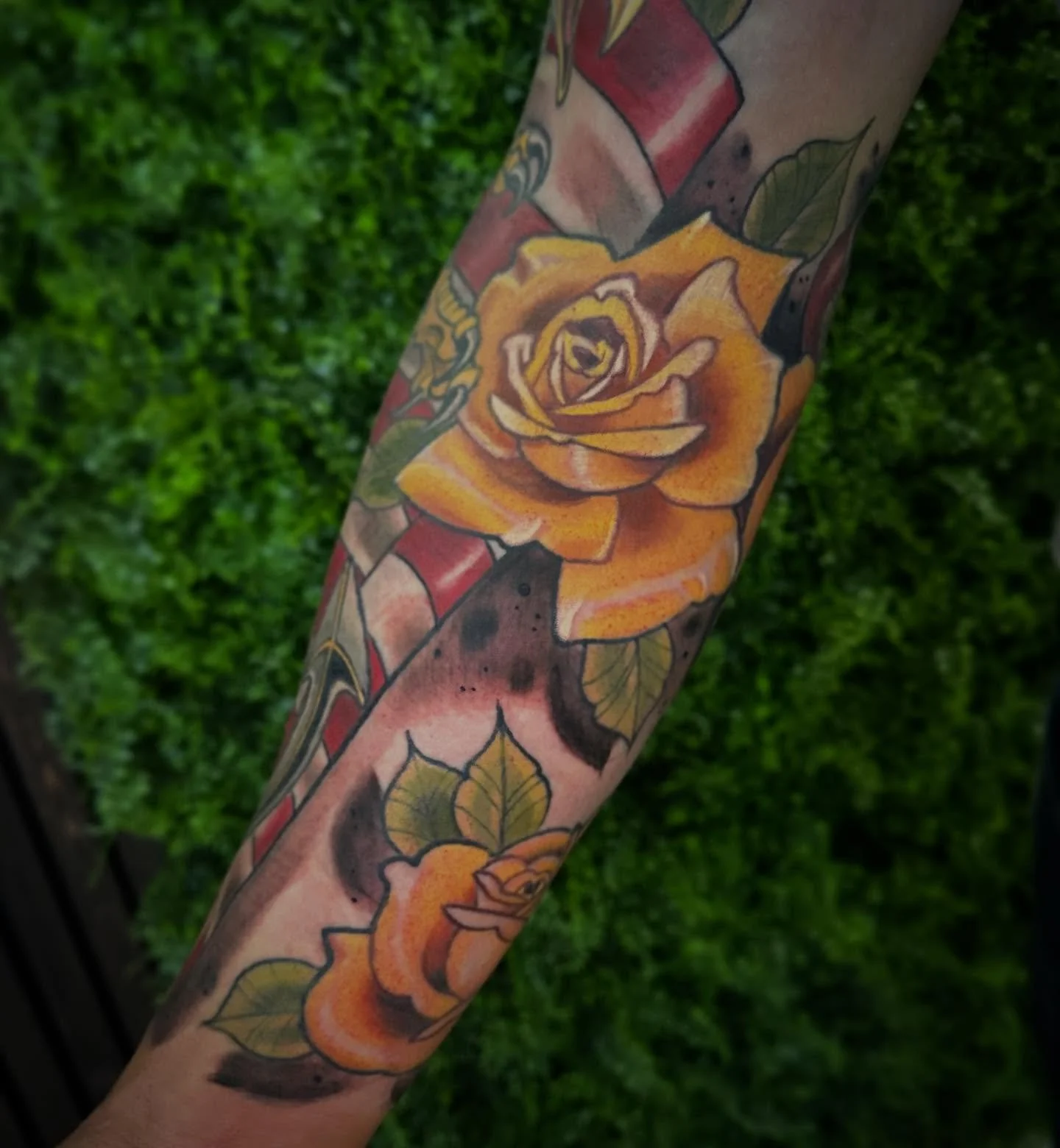 Wrapped up this Marine inspired sleeve completely with Eagle, anchor and globe, American flag and golden roses. This clients dedication was great and he came once a month until it was complete! I am now taking new large projects in 2026. Send me a DM