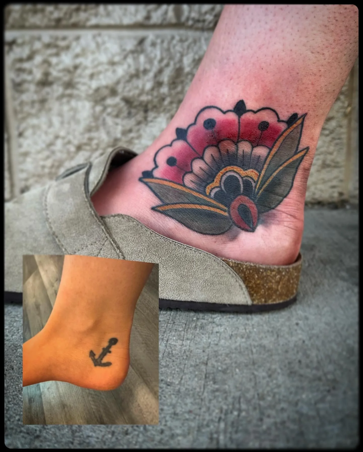 Little traditional poppy flower, coverup I did today! @mantratattoo I have specialized in coverups for years! If you have a tattoo that you would like to fix, or make completely disappear, shoot me a dm to set up a consultation and I&rsquo;ll give yo