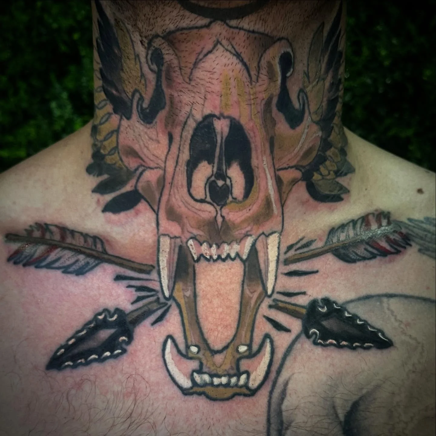 Made some progress on this full throat piece yesterday. This man sat like a champ for 6hrs 🤘🏻 One more sesh for background and to finish the skull. @sovereignsoulstattoo #throattattoo #bearskull #arrowhead