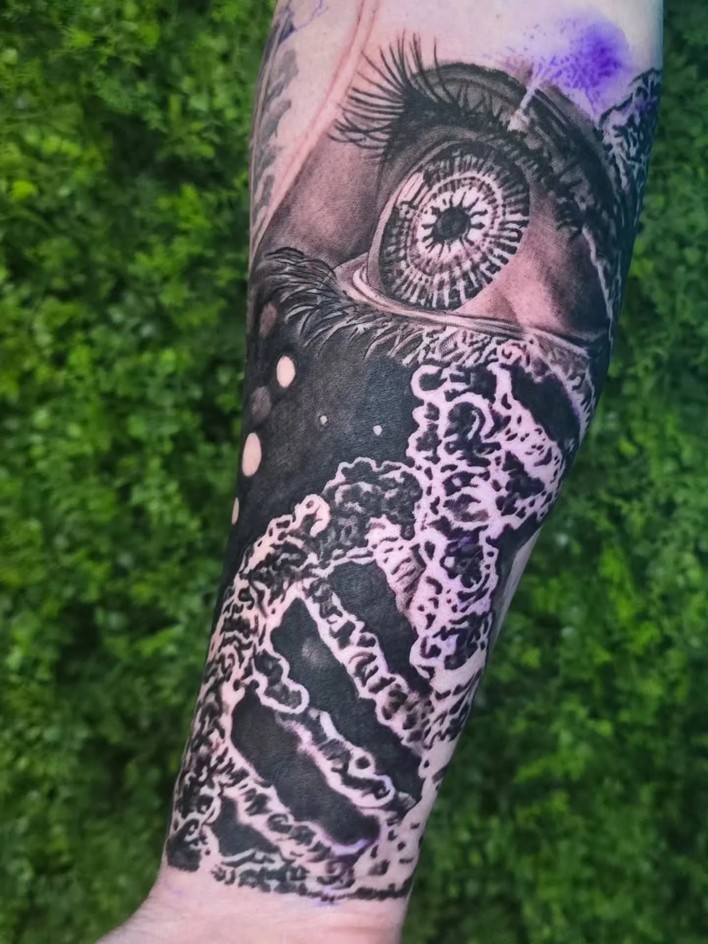 Another addition to this super fun sleeve im working on. I love this DNA strand and eye. Just the first session but it's a good start. Hit me up or come by the shop to book your next appointment.