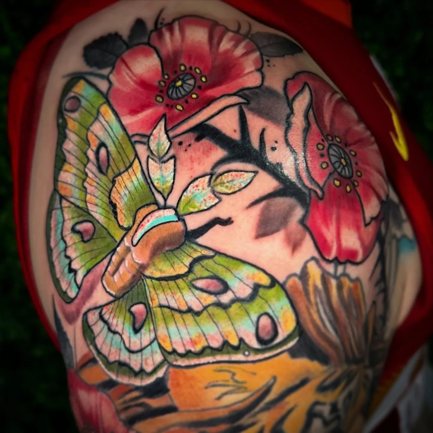 Some progress on this color sleeve! #mothtattoo #colortattoo #neotraditionaltattoo #neotraditionaltattoos #poppy