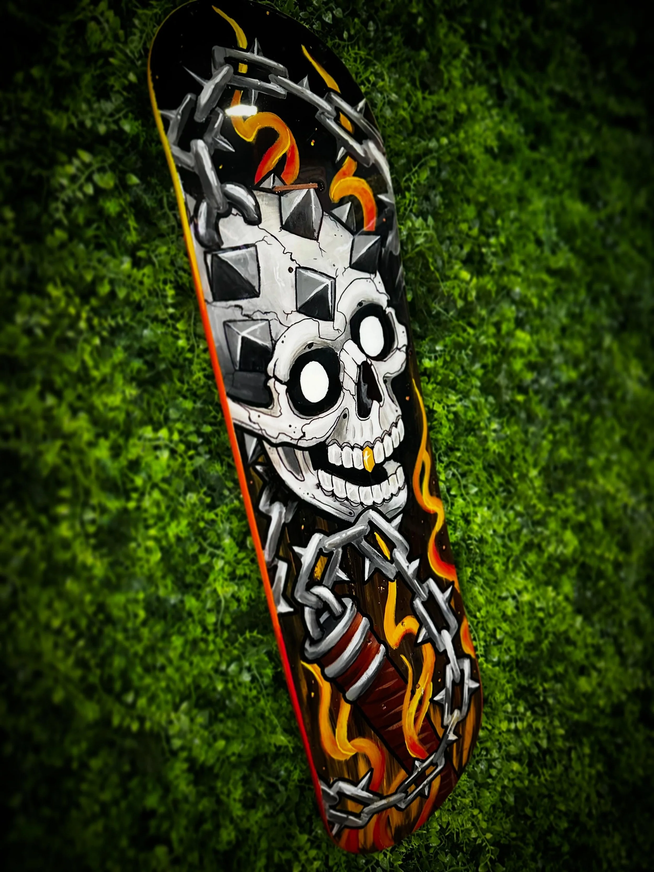 Ashes and Iron ☠️🔥 Stoked to finish up this Chaos Flail. Hand painted acrylic on skate deck finished in epoxy resin.
One of one.
No prints.
No AI.  Will be available at Villain Arts Tattoo Convention in Denver.