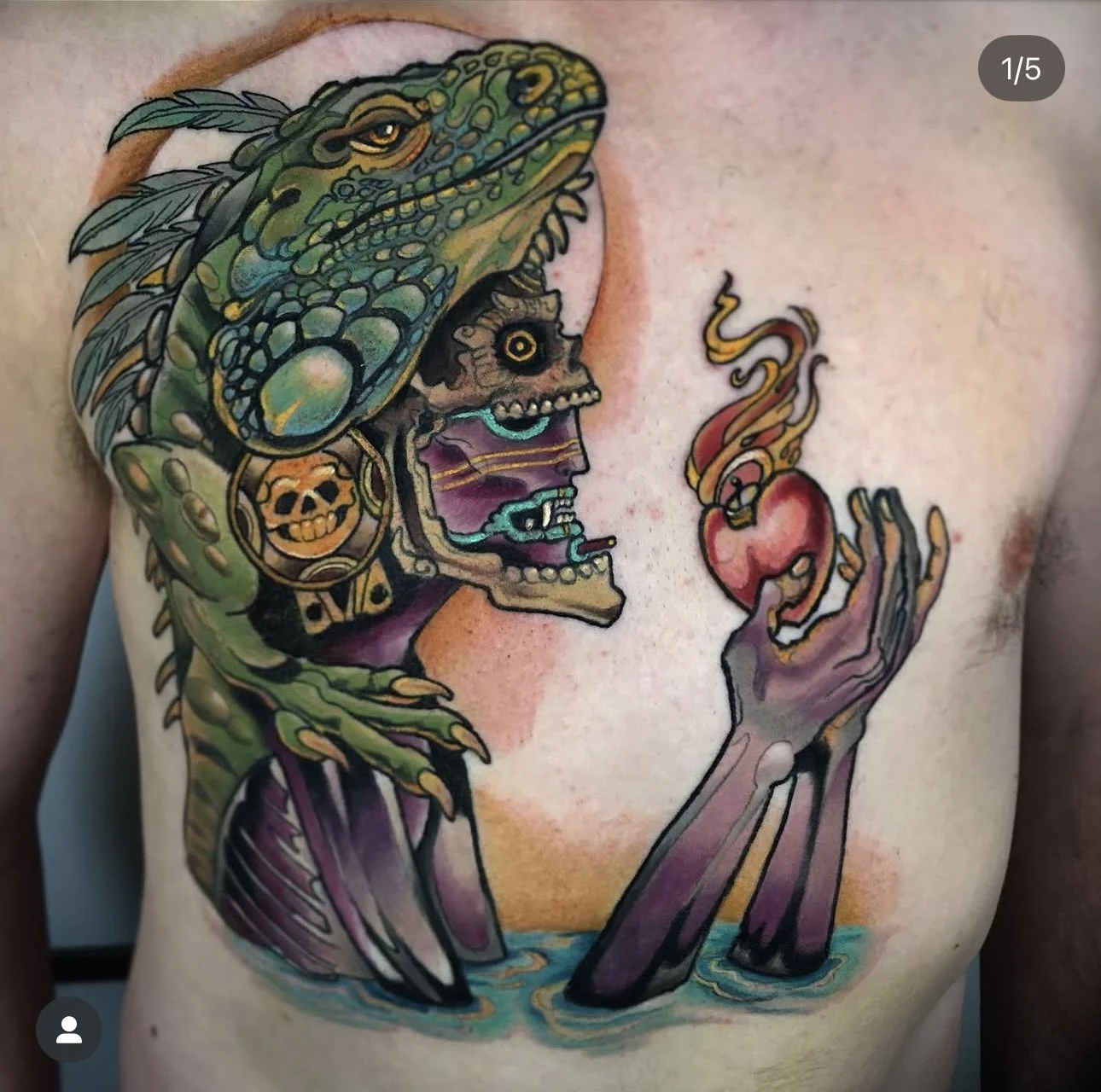 Colorful tattoo of a crocodile with a skull earring on its chin, a skeleton face with rainbow colors, holding a flaming heart with one hand, partially submerged in water.