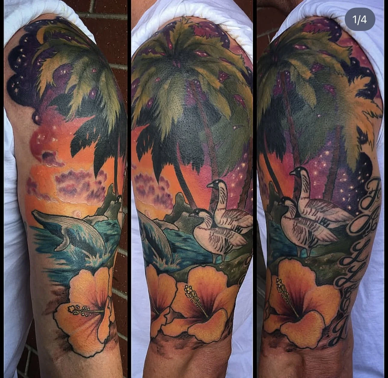 A colorful arm tattoo featuring a tropical scene with palm trees, a sunset, two geese, ocean waves, and hibiscus flowers.