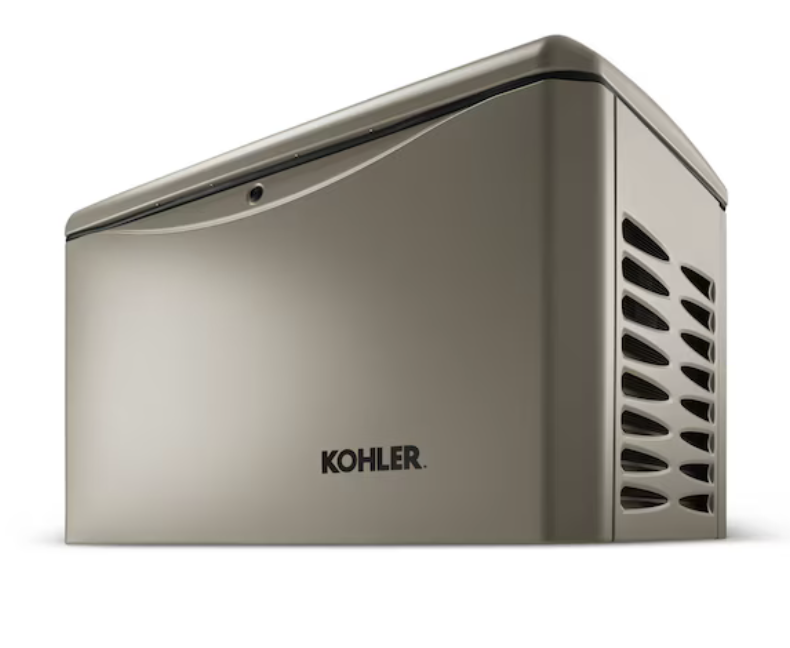 A Kohler outdoor air conditioning unit with a metallic gray finish, rectangular shape, and vent openings on the side.