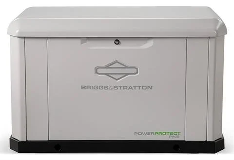 Gray Briggs & Stratton PowerProtect portable generator with a handle and black base