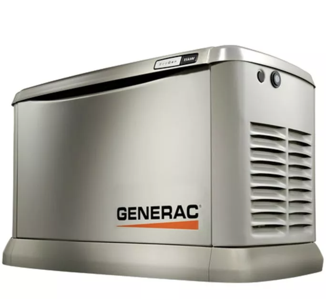 Silver portable generator with black and orange 'GENERAC' logo on the side, vents, and control panel on top.