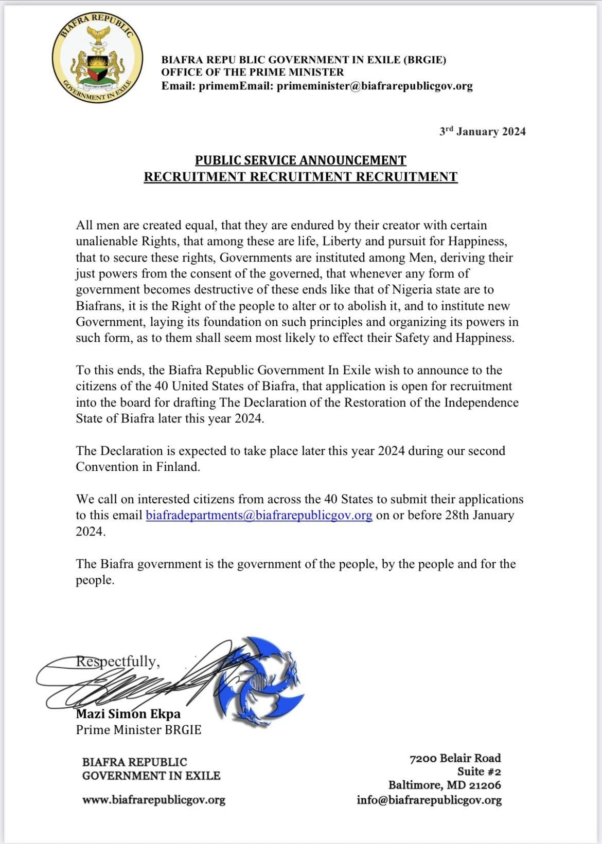 Recruitment for the Declaration of the Restoration of Independence