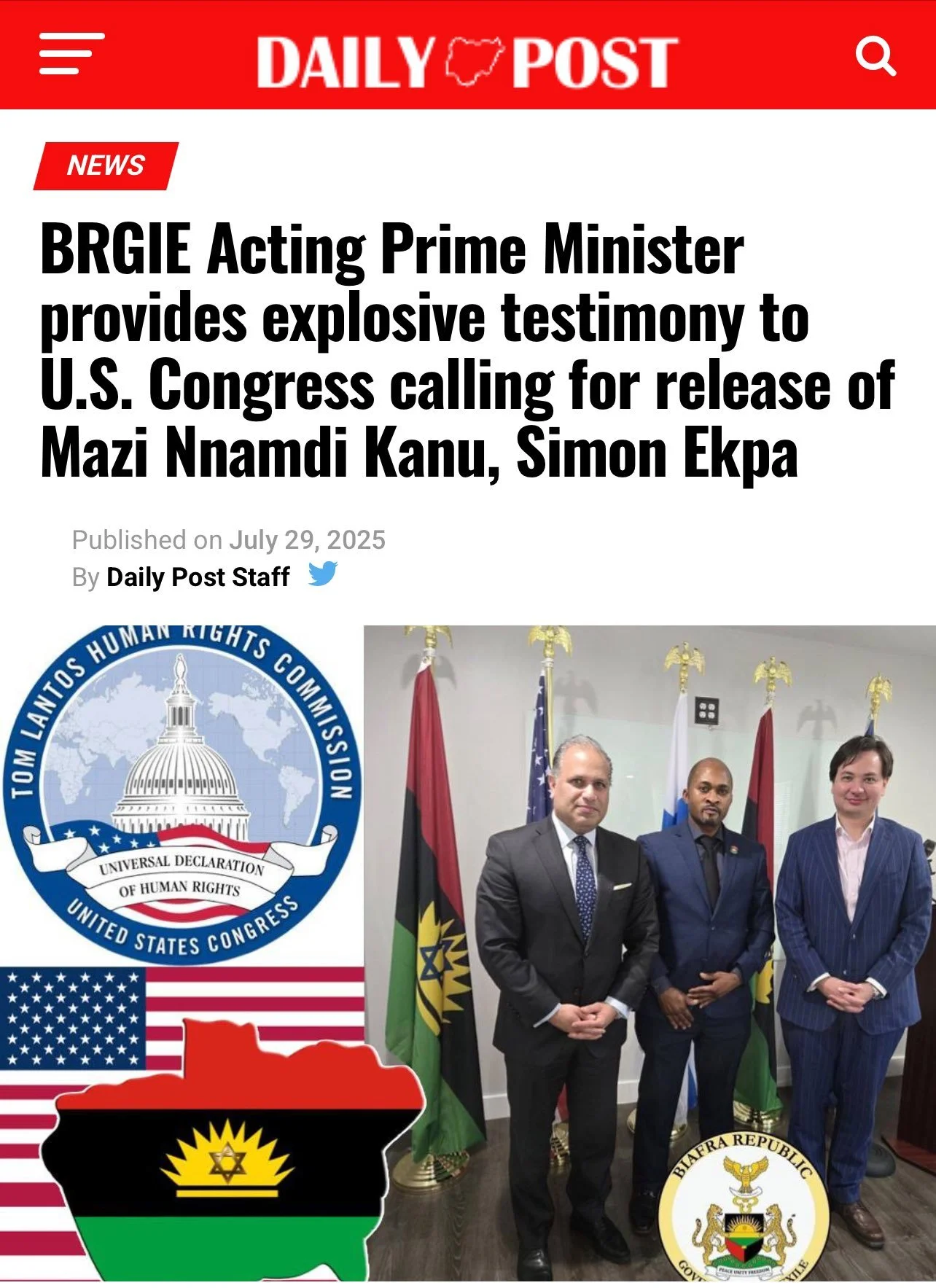 BRGIE Call for Sanctions on Nigeria & Finland,Acting PM Provides Explosive Testimony to U.S. Congress, Urges Release of Kanu & Ekpa.
