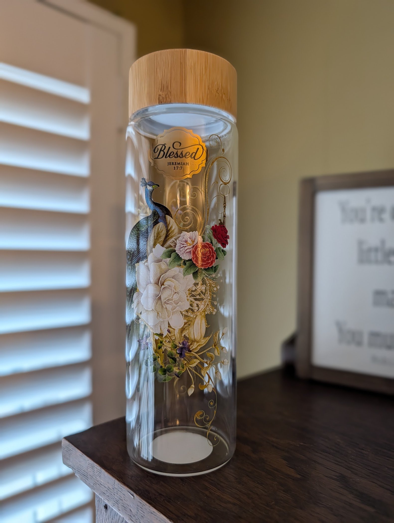 Blue Peacock Reusable Glass Water Bottle