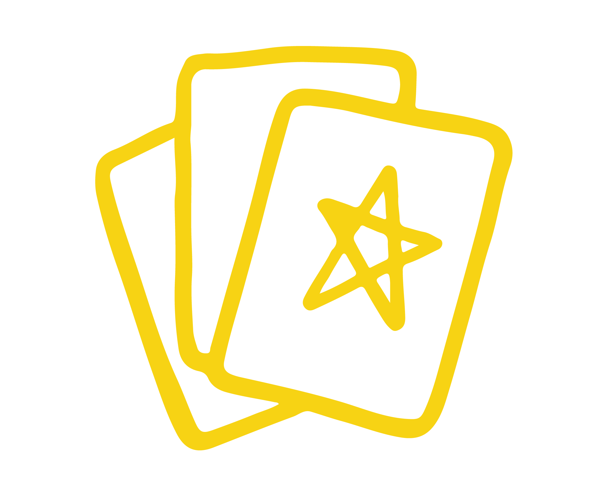 Yellow line illustration of three overlapping cards with a star symbol on a black background.