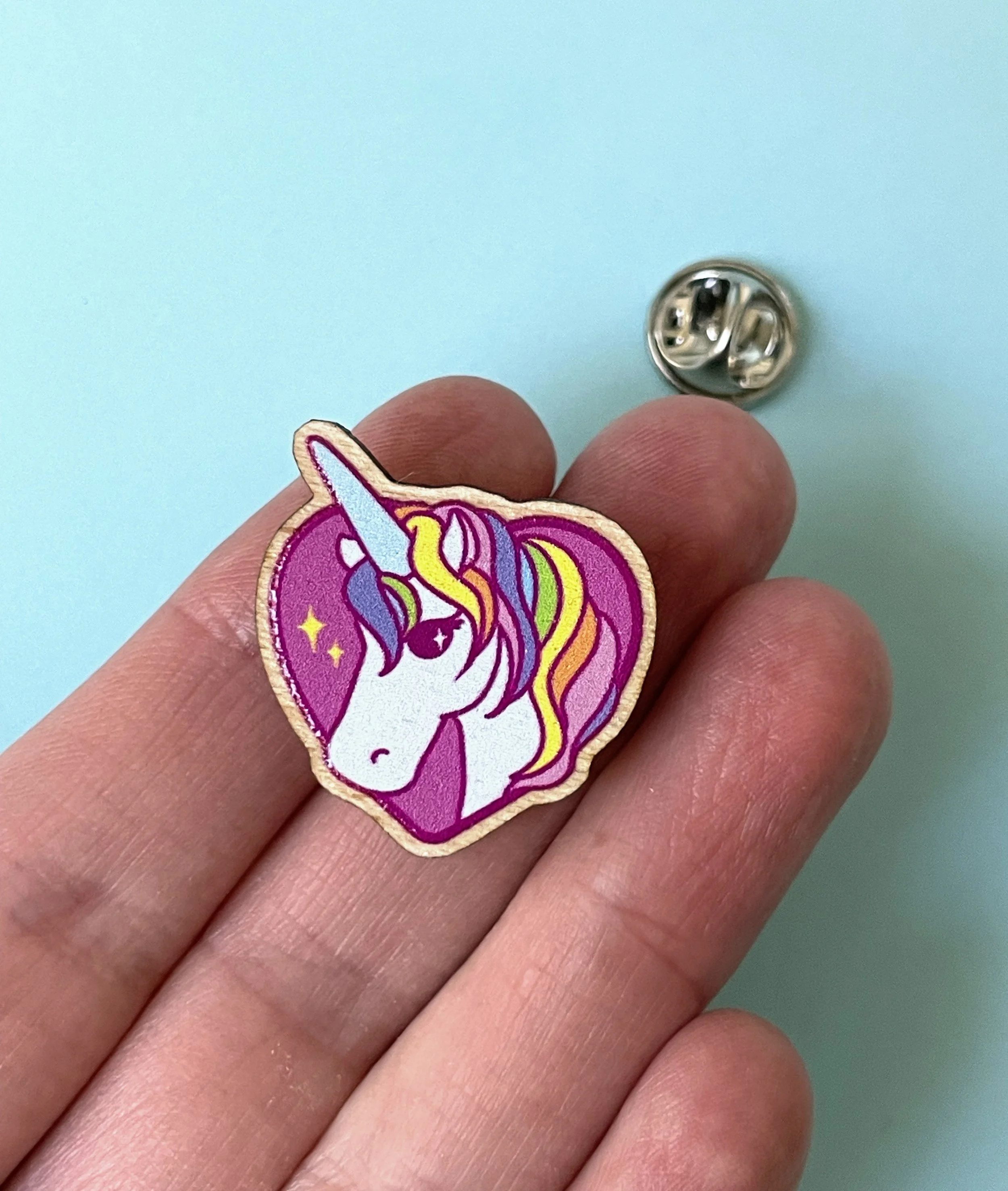 Rainbow Unicorn Wooden Pins - 1” Eco-Friendly Pins